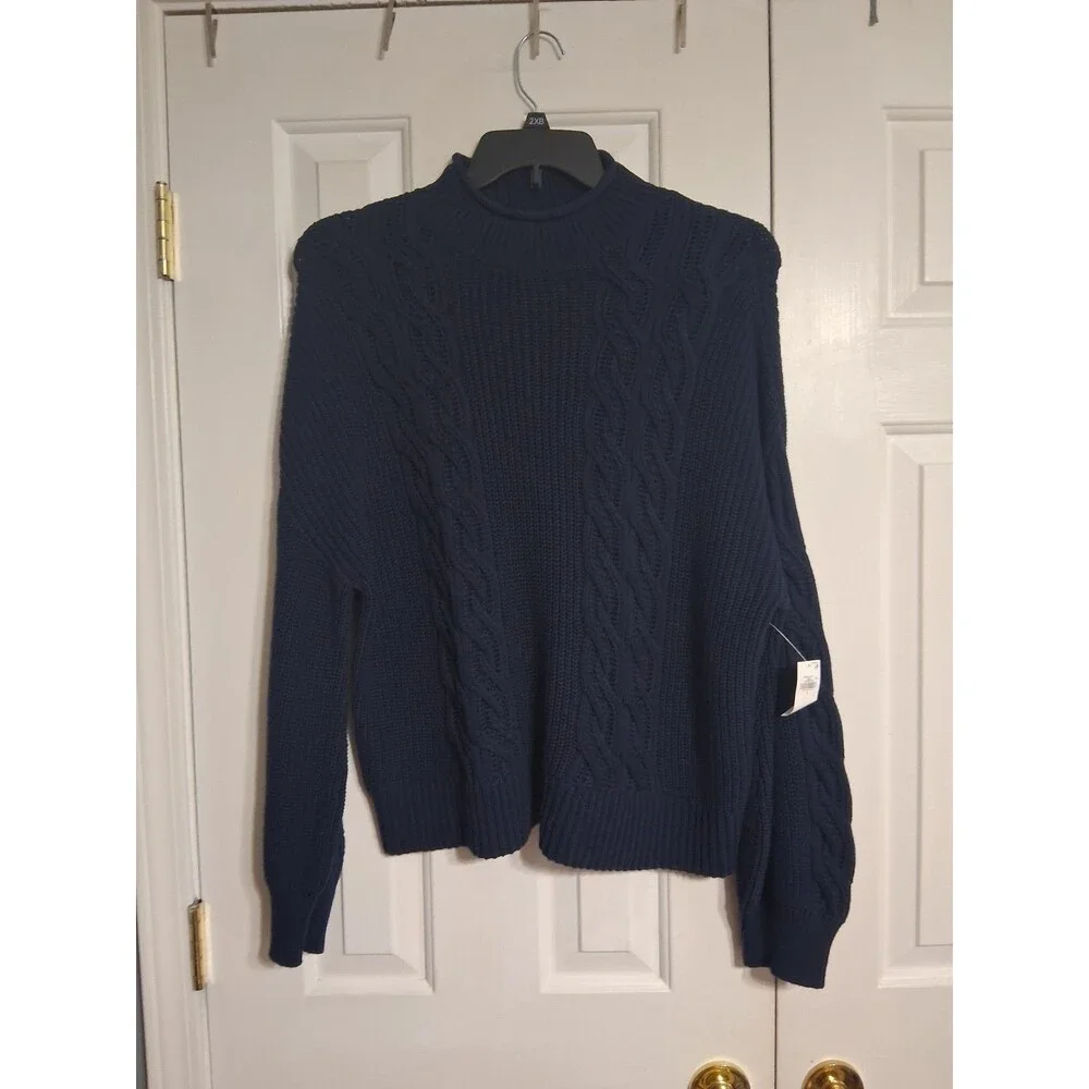 NWT Women's Old Navy Seaside Cotton Roll Neck Cable Knit Sweater Size L N7 Navy